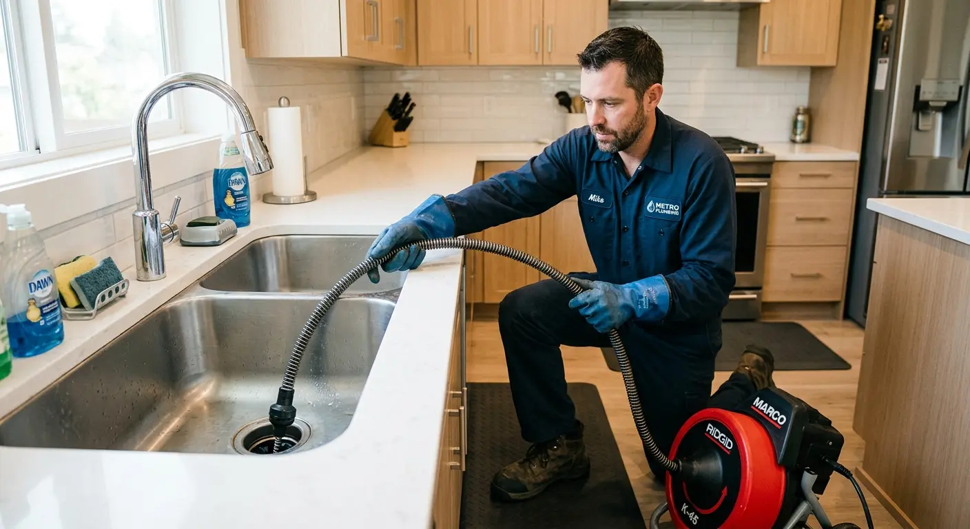 Drain cleaning technician using a motorized snake on a kitchen sink in Buffalo
