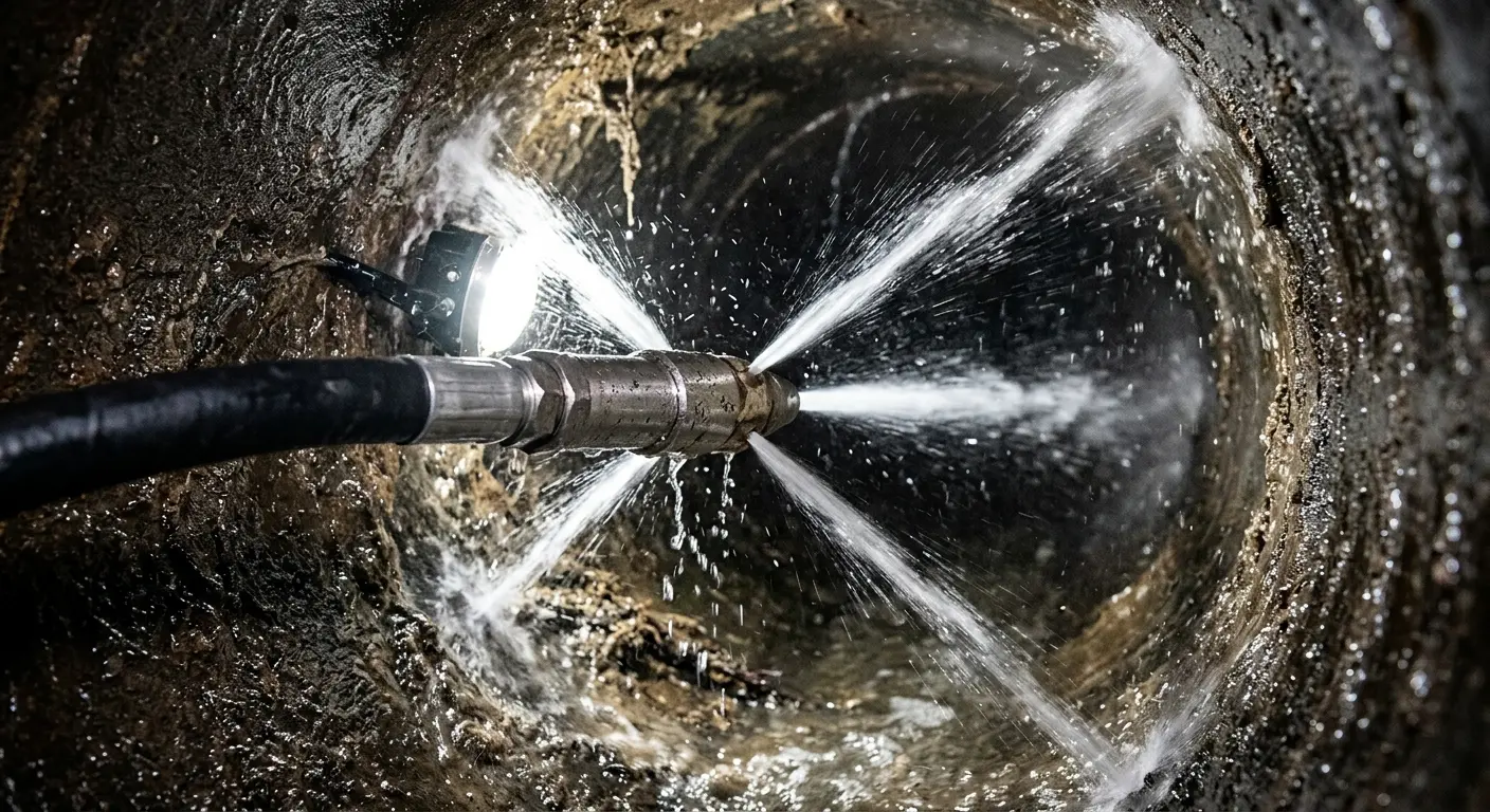 High-pressure hydro jetting nozzle cleaning sewer pipe for Sewer Cleanout in Buffalo
