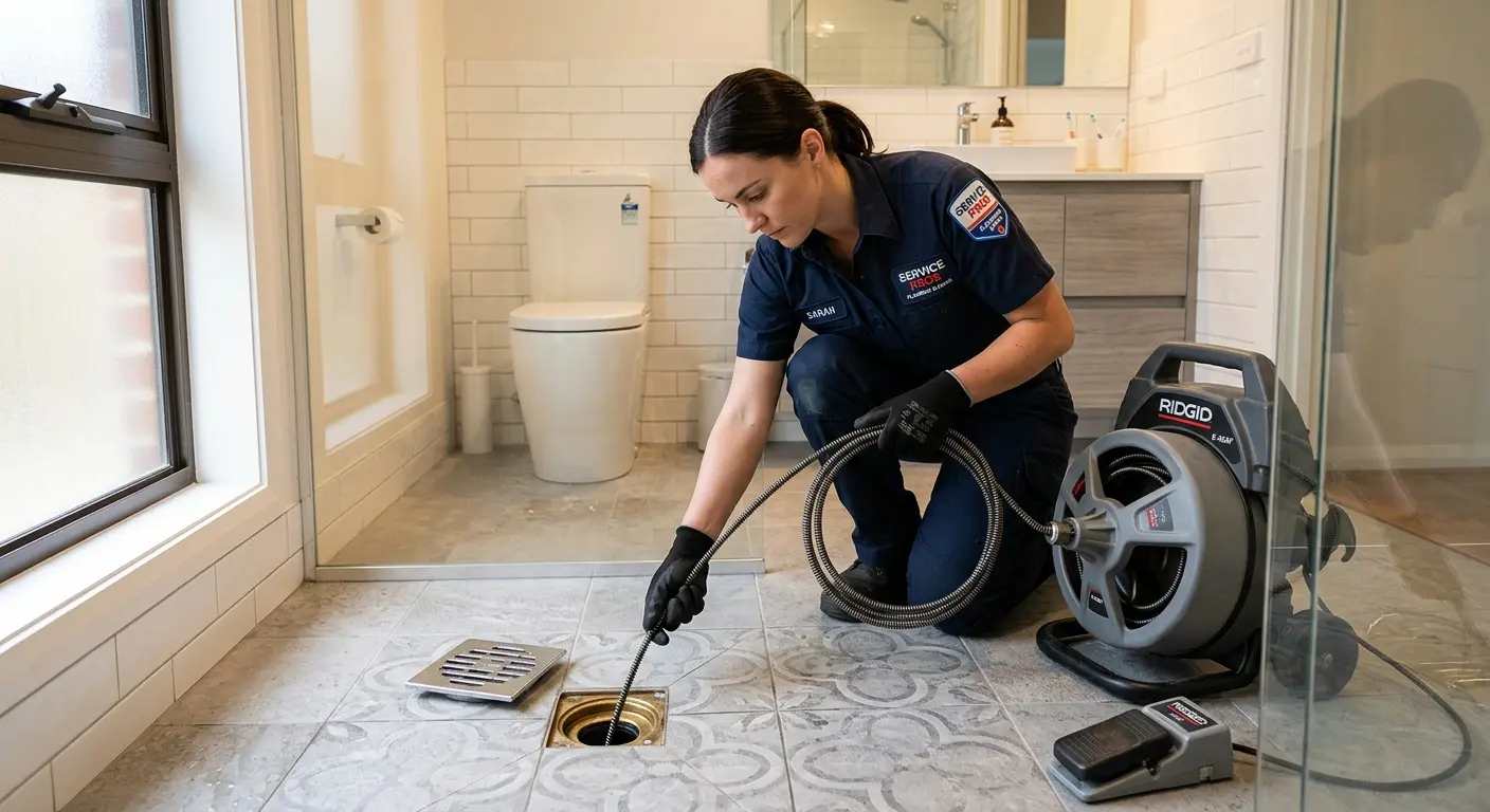 Technician clearing a bathroom floor drain for Hydro Jetting in Buffalo